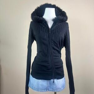 Y2K Dark Coquette Cache Fur Hood Zip Up Jacket